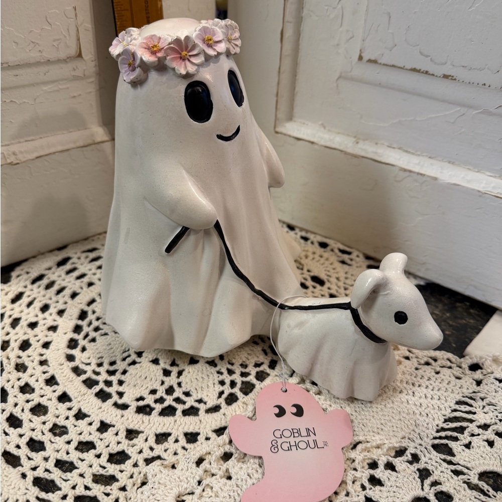 White Ghost Figurine walking a dog new